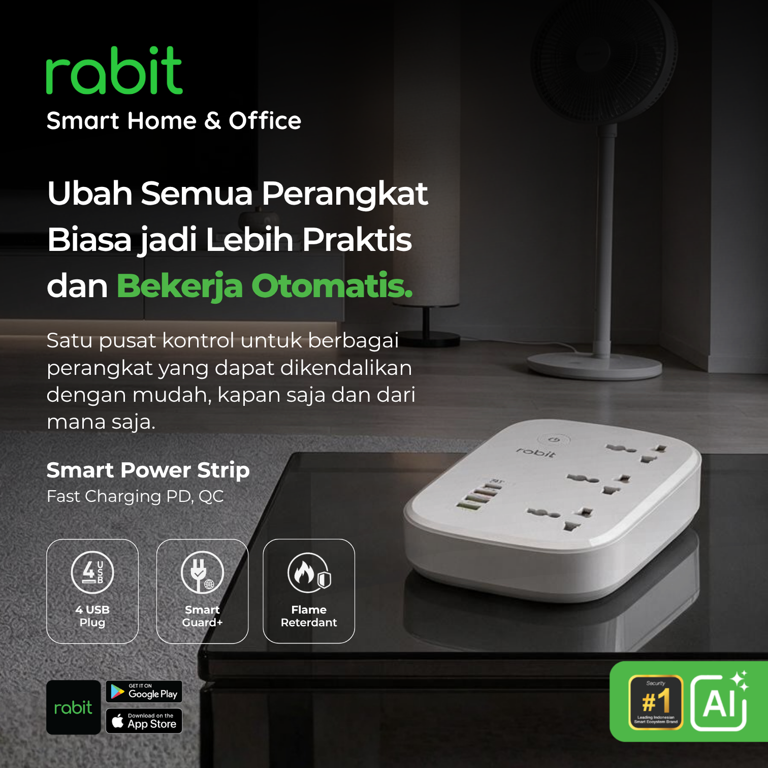 Smart Power Strip + Fast Charging PD, QC (WiFi) 3 Rabit Smart Power Strip dengan Fast Charging PD & QC, dilengkapi 4 USB Plug, Smart Guard+, dan fitur Flame Retardant