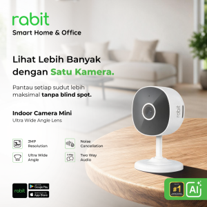 RABIT Smart IP Camera CCTV Indoor Mini Wide Angle 2K 3MP - Static 5 Kamera CCTV pintar Rabit Indoor Camera Mini Wide Angle diletakkan di atas meja dengan fitur 3MP, Ultra Wide Angle, Noise Cancellation, dan Two Way Audio