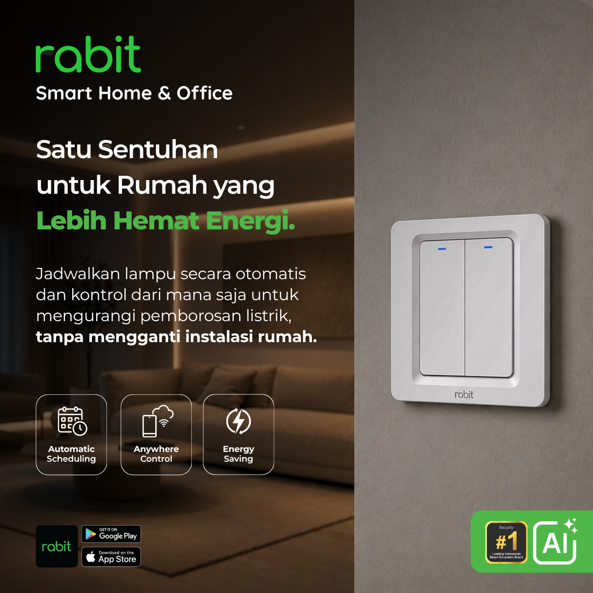Smart Wall Switch Click - 2 Gang (Wi-Fi+Bluetooth) 3 Sakelar pintar Rabit Smart Wall Switch warna putih terpasang di dinding, dilengkapi fitur Automatic Scheduling, Anywhere Control, dan Energy Saving