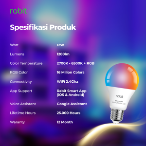 Smart Light Bulb Color 12W Bluetooth 24 Spesifikasi lengkap smart bulb Rabit 12W 1200 Lumens dengan WiFi 2,4GHz, kontrol aplikasi, Google Assistant, dan garansi 12 bulan