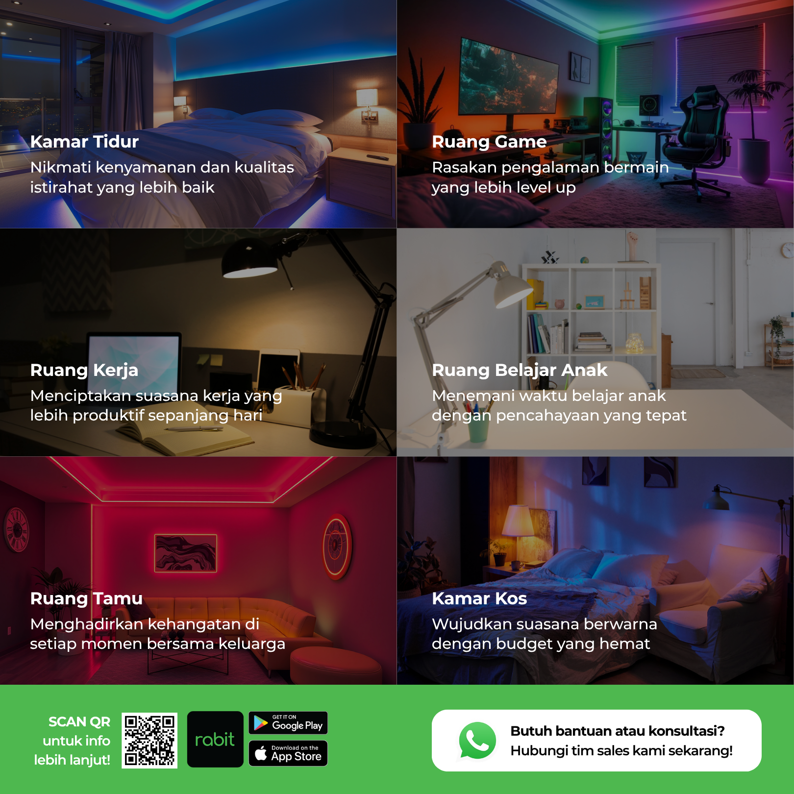 Smart Light Bulb Color 12W Bluetooth 13 Penerapan pencahayaan smart bulb Rabit di berbagai ruangan