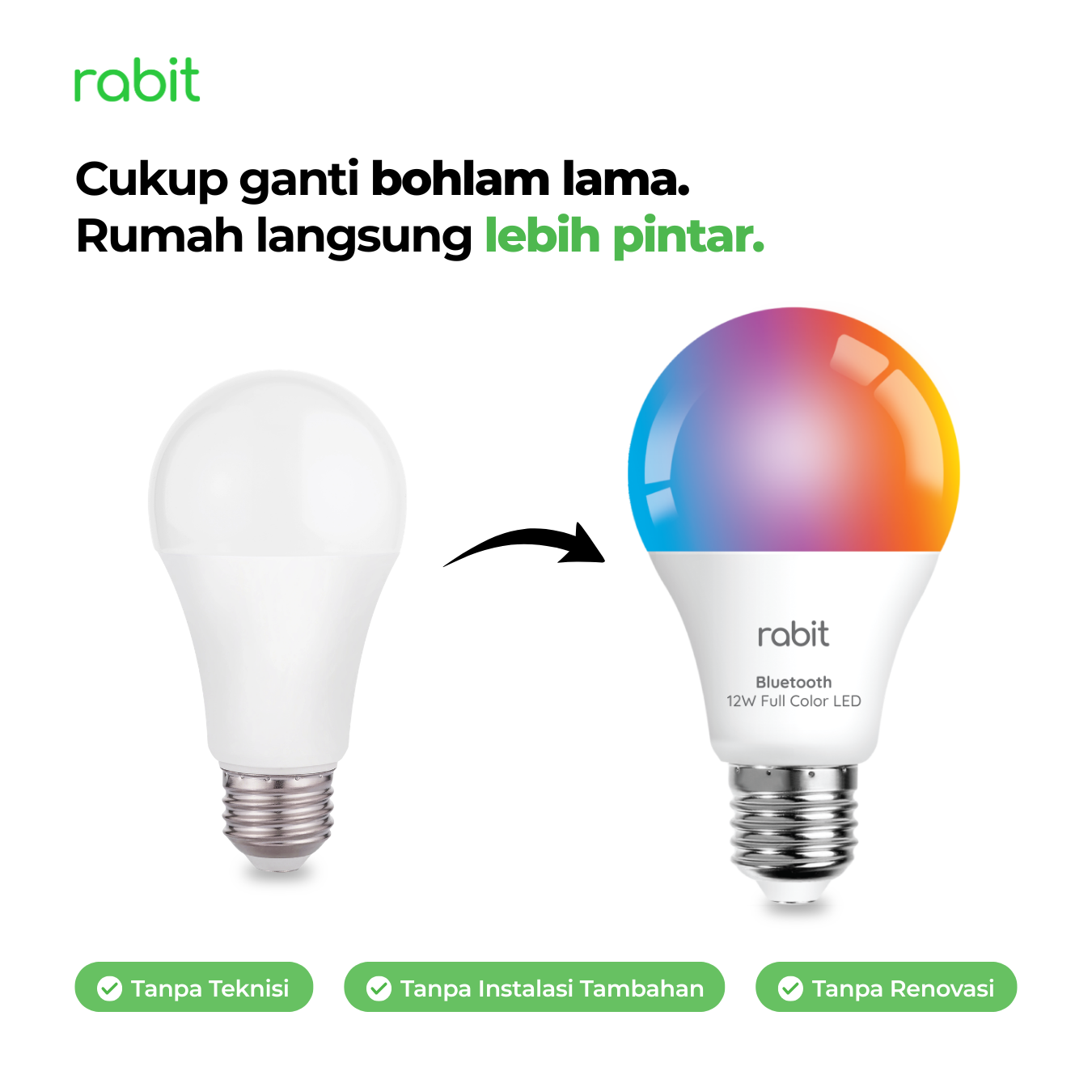 Smart Light Bulb Color 12W Bluetooth 5 Kemudahan mengganti bohlam lama ke bohlam smart bulb Rabit tanpa teknisi, tanpa instalasi tambahan, dan tanpa renovasi.
