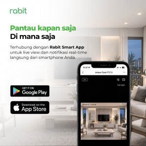 Tampilan antarmuka aplikasi Rabit Smart di smartphone untuk memantau tampilan langsung ruang tamu secara real-time.