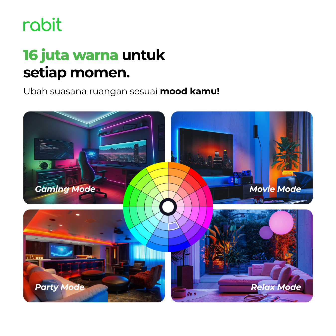 Smart Light Bulb Color 12W Bluetooth 7 16 juta warna smart bulb Rabit untuk mendukung mood ruangan pada Gaming Mode, Movie Mode, Party Mode, dan Relax Mode
