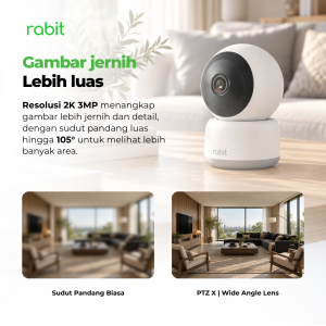 Perbandingan hasil tangkapan kamera sudut pandang biasa dengan lensa Rabit PTZ X Wide Angle resolusi 2K 3MP yang memiliki sudut pandang luas 