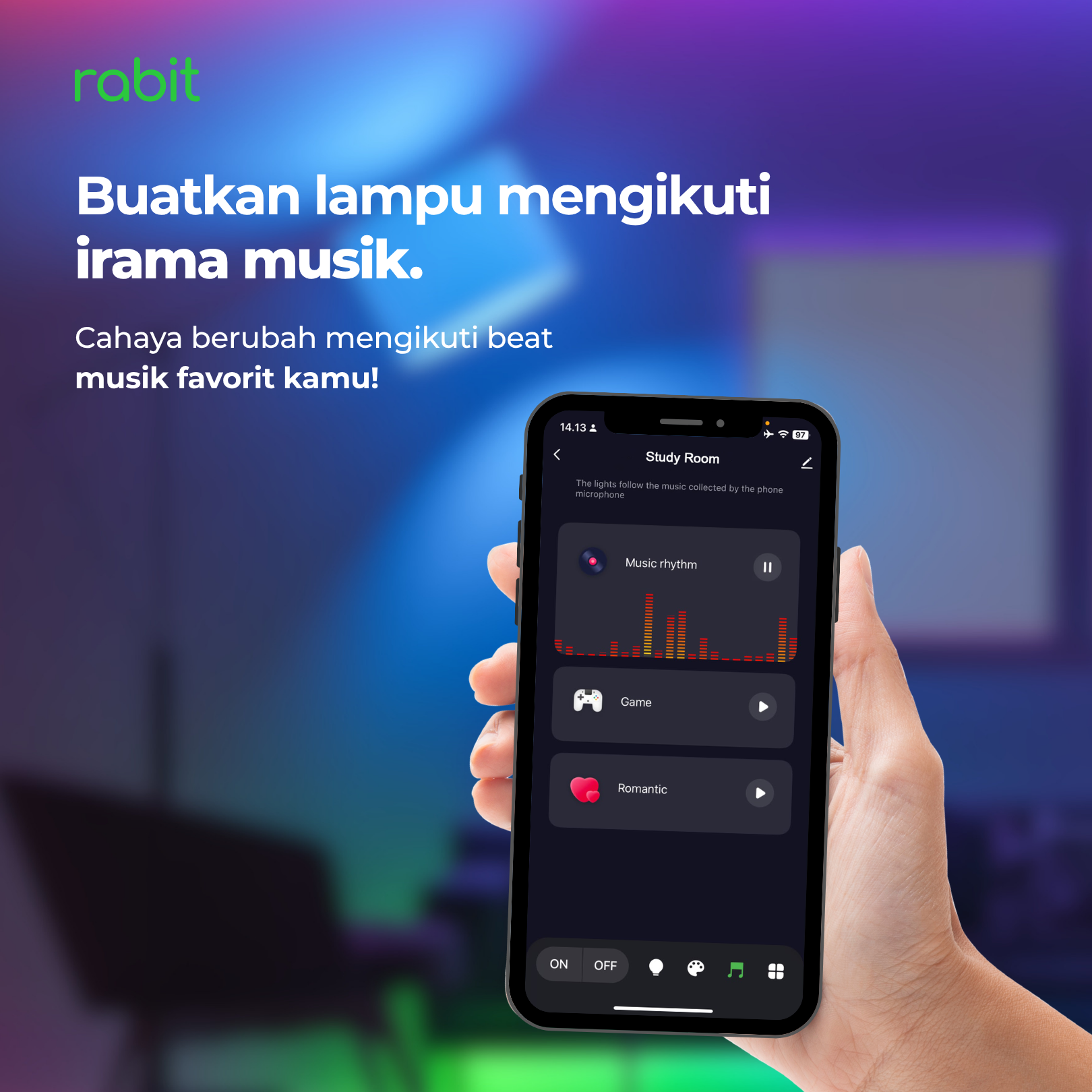 Smart Light Bulb Color 12W Bluetooth 8 Aplikasi Rabit Smart di smartphone untuk mengontrol warna smart bulb agar menyala mengikuti beat irama musik