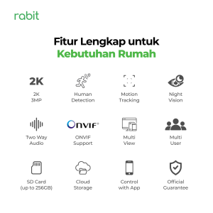 Daftar fitur utama Rabit Smart Indoor Cam PTZ X, seperti resolusi 2K 3MP, Human Detection, Motion Tracking, Night Vision, Two Way Audio.