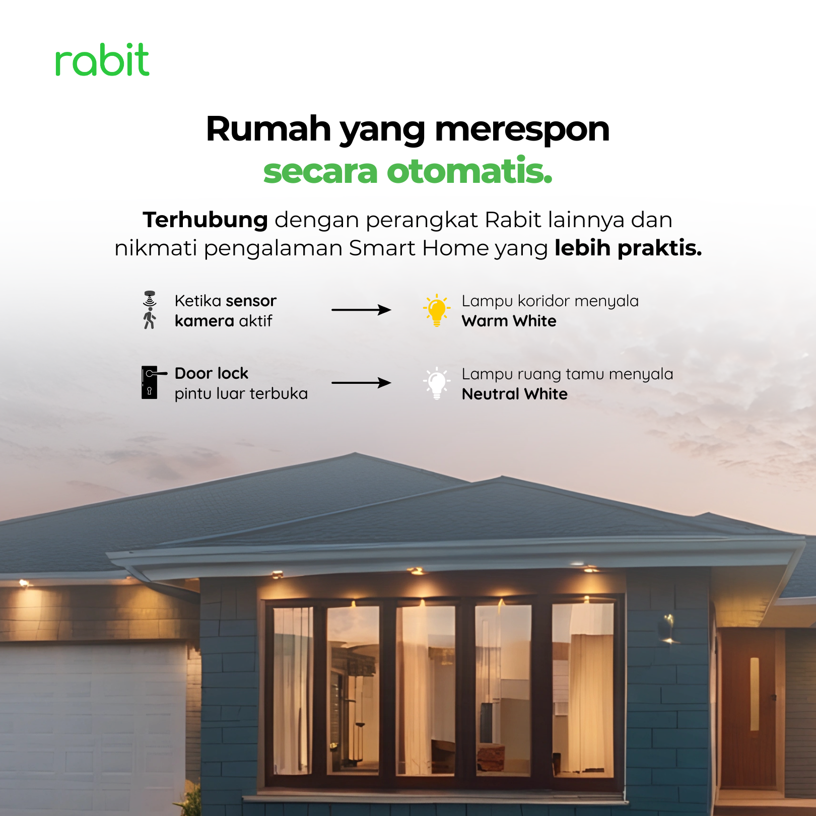 Smart Light Bulb Color 12W Bluetooth 10 Integrasi otomatisasi lampu smart home Rabit yang merespon sensor kamera dan doorlock pintu luar