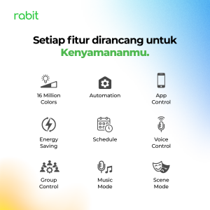Smart Light Bulb Color 12W Bluetooth 23 fitur unggulan samrt bulb Rabit meliputi 16 juta warna, Automation, App Control, Energy Saving, Schedule, Voice Control, Group Control, Music Mode.