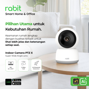 Kamera CCTV pintar Rabit Indoor Camera PTZ X warna putih diletakkan di atas meja dengan fitur HD 2K 3MP, 2-Way Talk, dan AI Detection