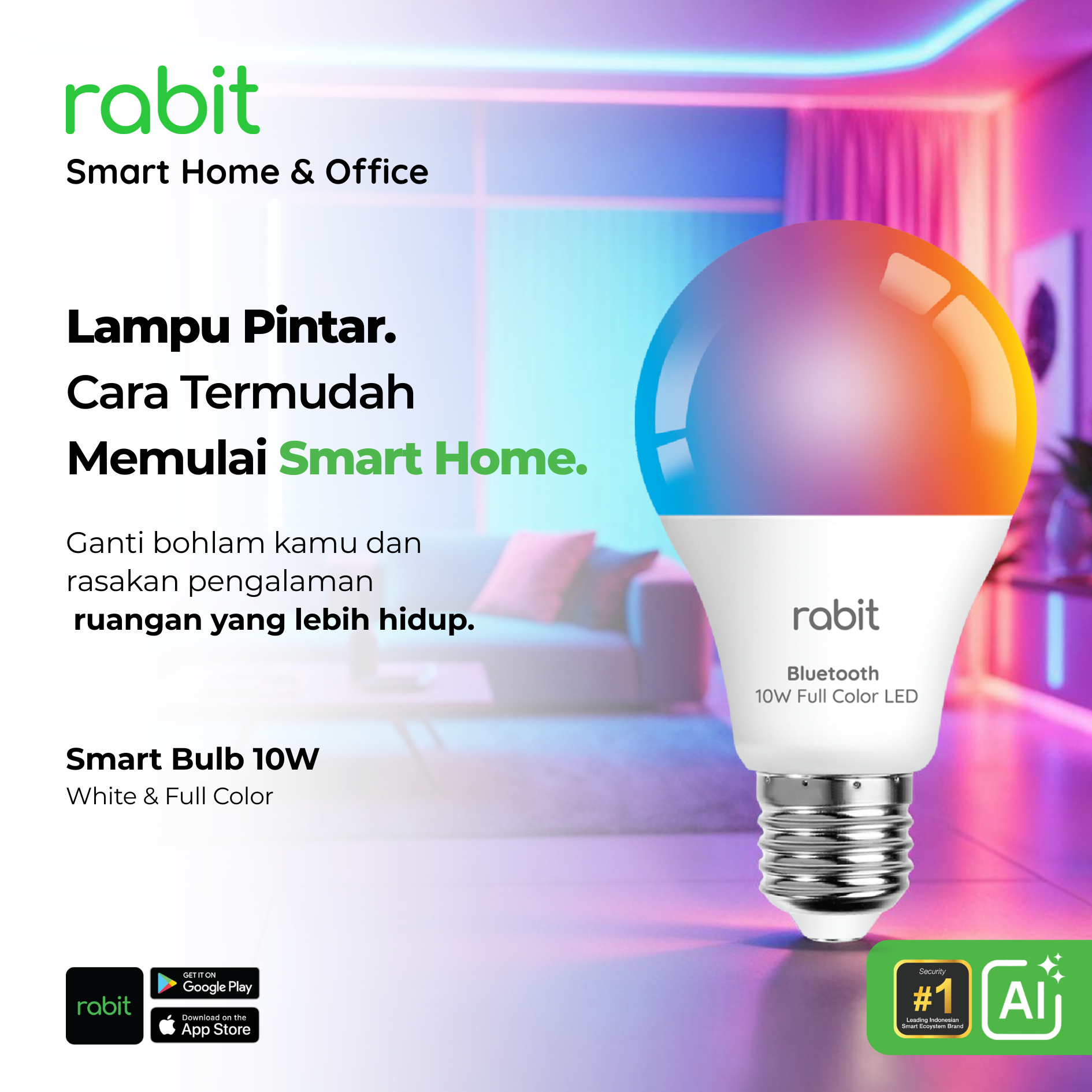 Smart Light Bulb Color 10W Bluetooth 3 Produk lampu Rabit Smart Bulb 10W White & Full Color LED untuk pencahayaan rumah pintar modern