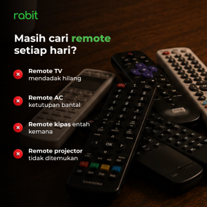 Universal IR Remote Control (WiFi) 16 tumpukan remote fisik TV, AC, kipas, dan proyektor yang sering hilang atau terselip di rumah
