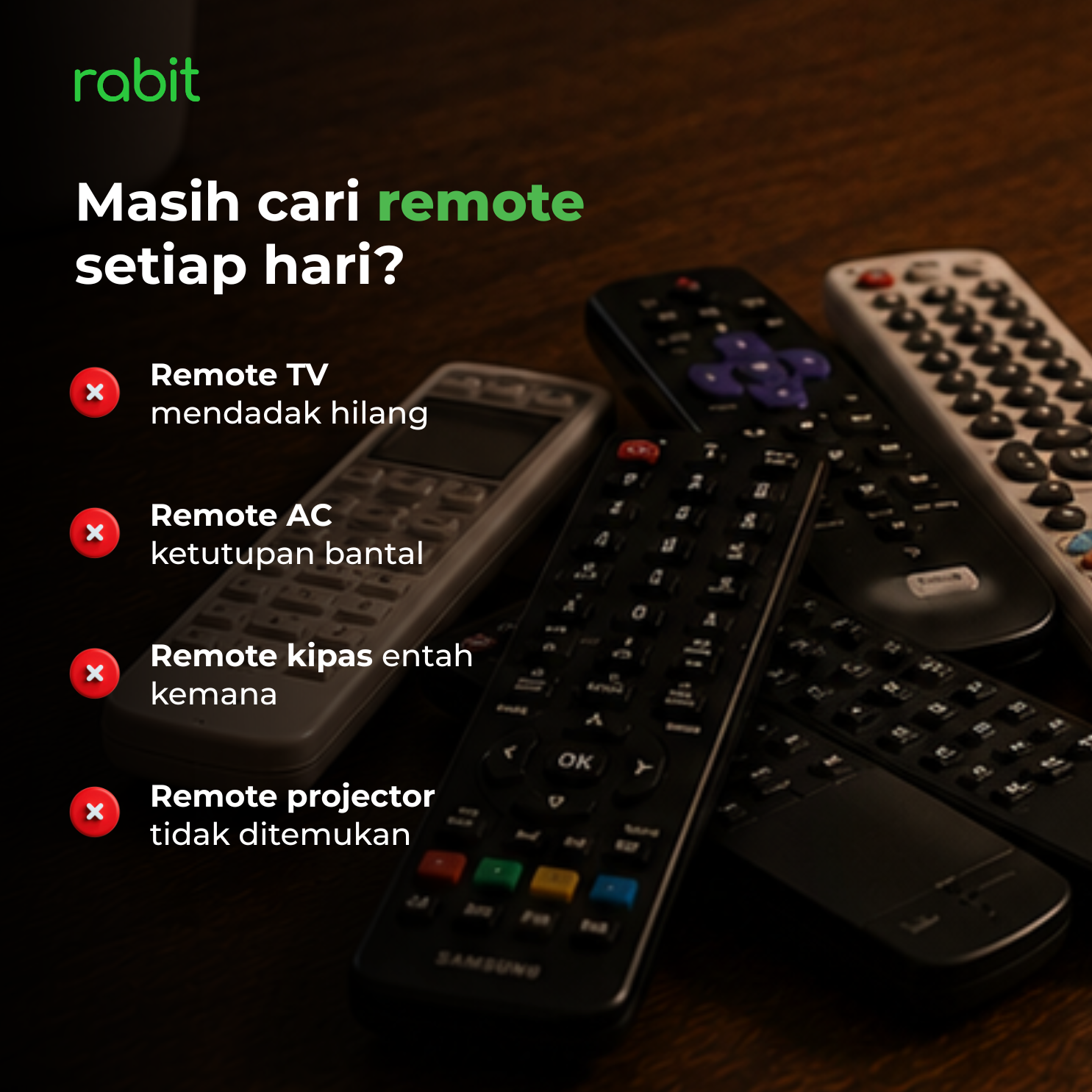 Universal IR Remote Control (WiFi) 4 tumpukan remote fisik TV, AC, kipas, dan proyektor yang sering hilang atau terselip di rumah