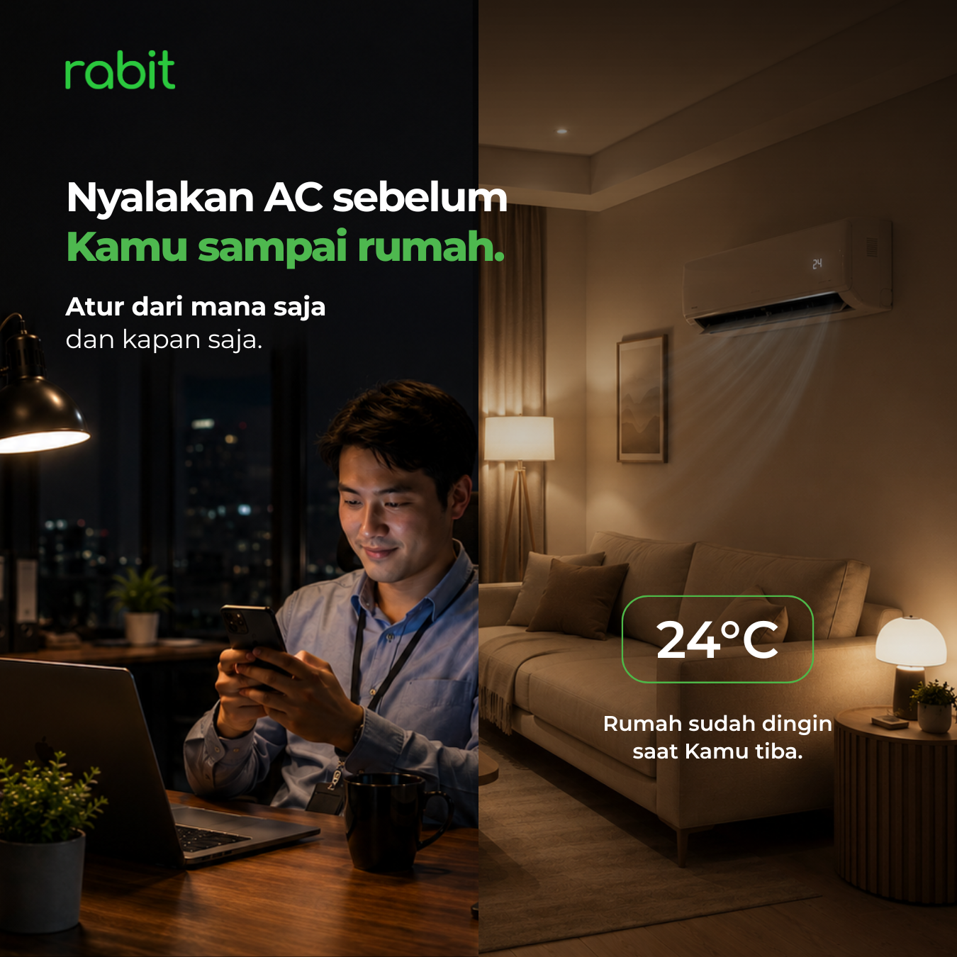 Universal IR Remote Control (WiFi) 6 Pria menyalakan AC ruangan hingga suhu 24 derajat Celsius dari jarak jauh lewat smartphone sebelum sampai rumah