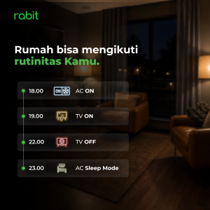 Universal IR Remote Control (WiFi) 20 Ilustrasi fitur otomatisasi jadwal harian Rabit Smart IR untuk menyalakan dan mematikan AC serta TV dari sore hingga malam hari