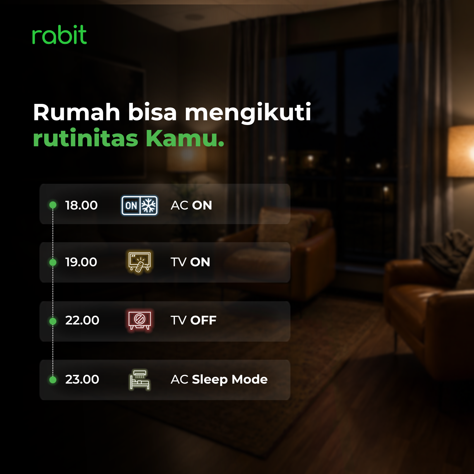 Universal IR Remote Control (WiFi) 8 Ilustrasi fitur otomatisasi jadwal harian Rabit Smart IR untuk menyalakan dan mematikan AC serta TV dari sore hingga malam hari