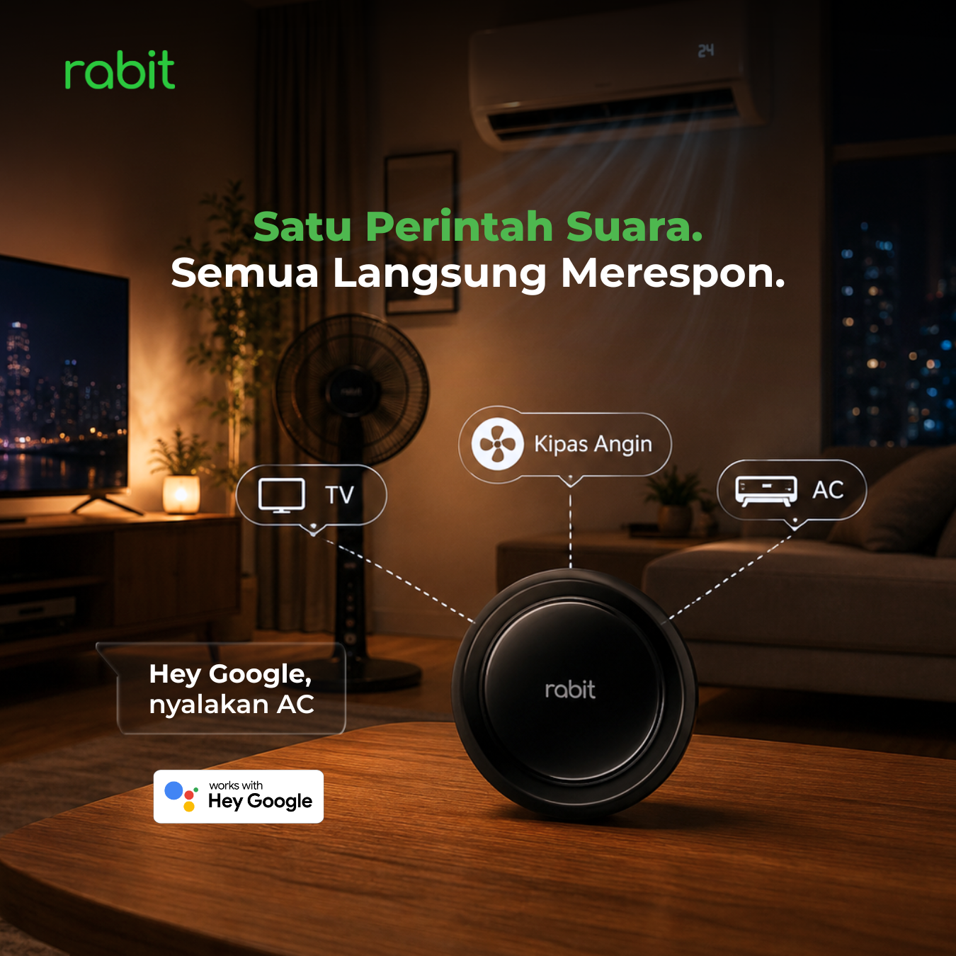 Universal IR Remote Control (WiFi) 10 Perintah suara Google Assistant "Hey Google, nyalakan AC" yang terhubung langsung ke perangkat Rabit Universal IR Remote