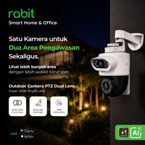 RABIT Smart IP Camera CCTV Outdoor PTZ Dual Lens FULL HD 2MP - AI Auto Tracking 5 Rabit Outdoor Camera PTZ Dual Lens dengan fitur Dual Lens Dual View, Dual LED Spotlight, Super Wide Angle Lens, dan ketahanan IP65 Protection