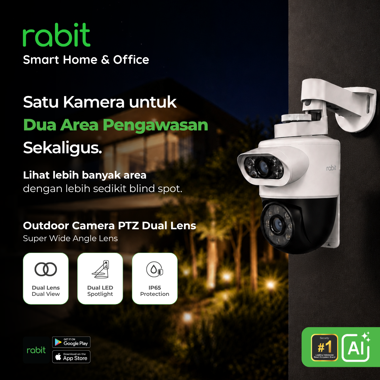 RABIT Smart IP Camera CCTV Outdoor PTZ Dual Lens FULL HD 2MP - AI Auto Tracking 3 Rabit Outdoor Camera PTZ Dual Lens dengan fitur Dual Lens Dual View, Dual LED Spotlight, Super Wide Angle Lens, dan ketahanan IP65 Protection