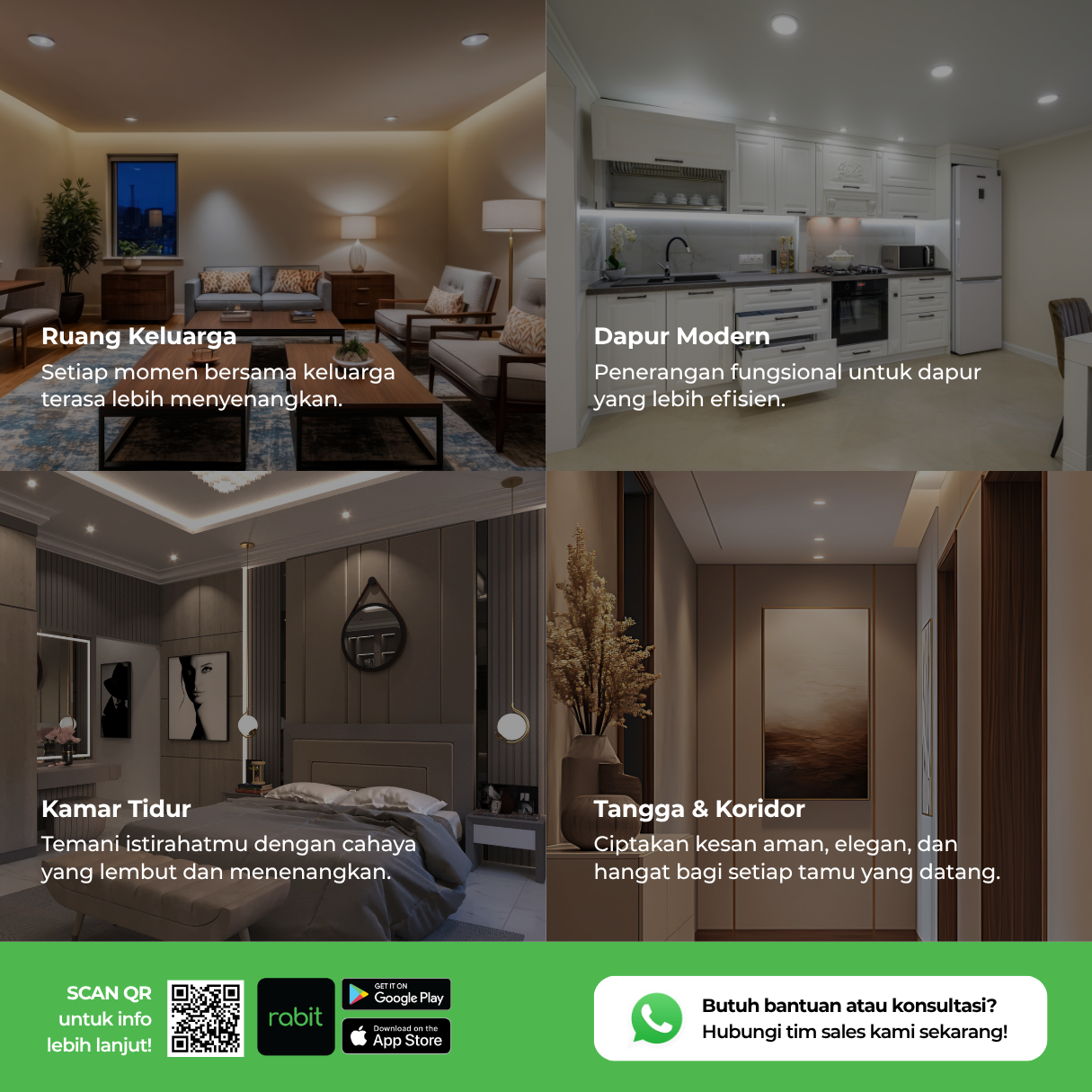 Smart Light Downlight Slim 18W Bluetooth 14 Penerapan pencahayaan smart downlight Rabit di ruang keluarga, dapur modern, kamar tidur, serta tangga dan koridor