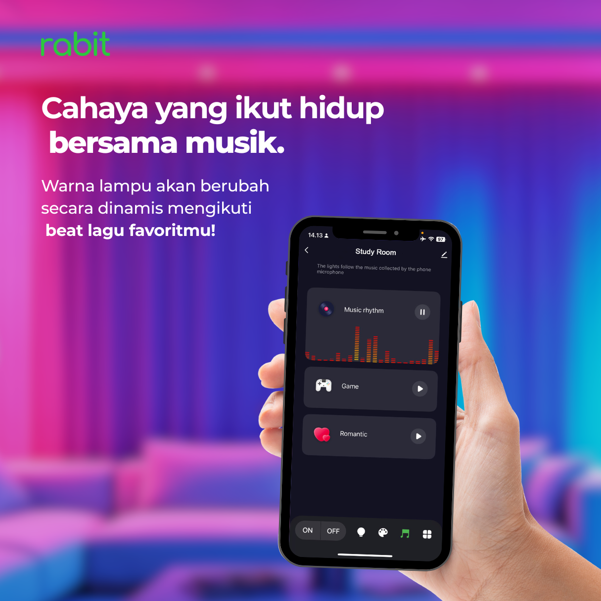 Smart Light Downlight Slim 18W Bluetooth 7 smartphone yang mengontrol warna downlight secara dinamis mengikuti irama musik di aplikasi Rabit Smart