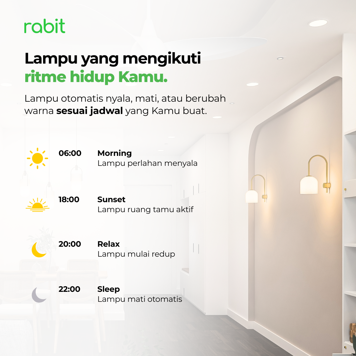 Smart Light Downlight Slim 18W Bluetooth 8 Jadwal otomatisasi nyala dan redup smart downlight Rabit dari pagi hingga malam sesuai ritme aktivitas harian