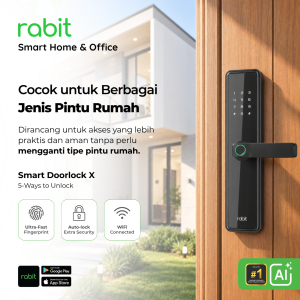 RABIT Smart Doorlock X Kunci Pintu Rumah Fingerprint Kode Pin Digital 5 Rabit Smart Doorlock X terpasang di pintu kayu rumah modern, menampilkan fitur 5-Ways to Unlock, Ultra-Fast Fingerprint, Auto-lock Extra Security, dan koneksi WiFi