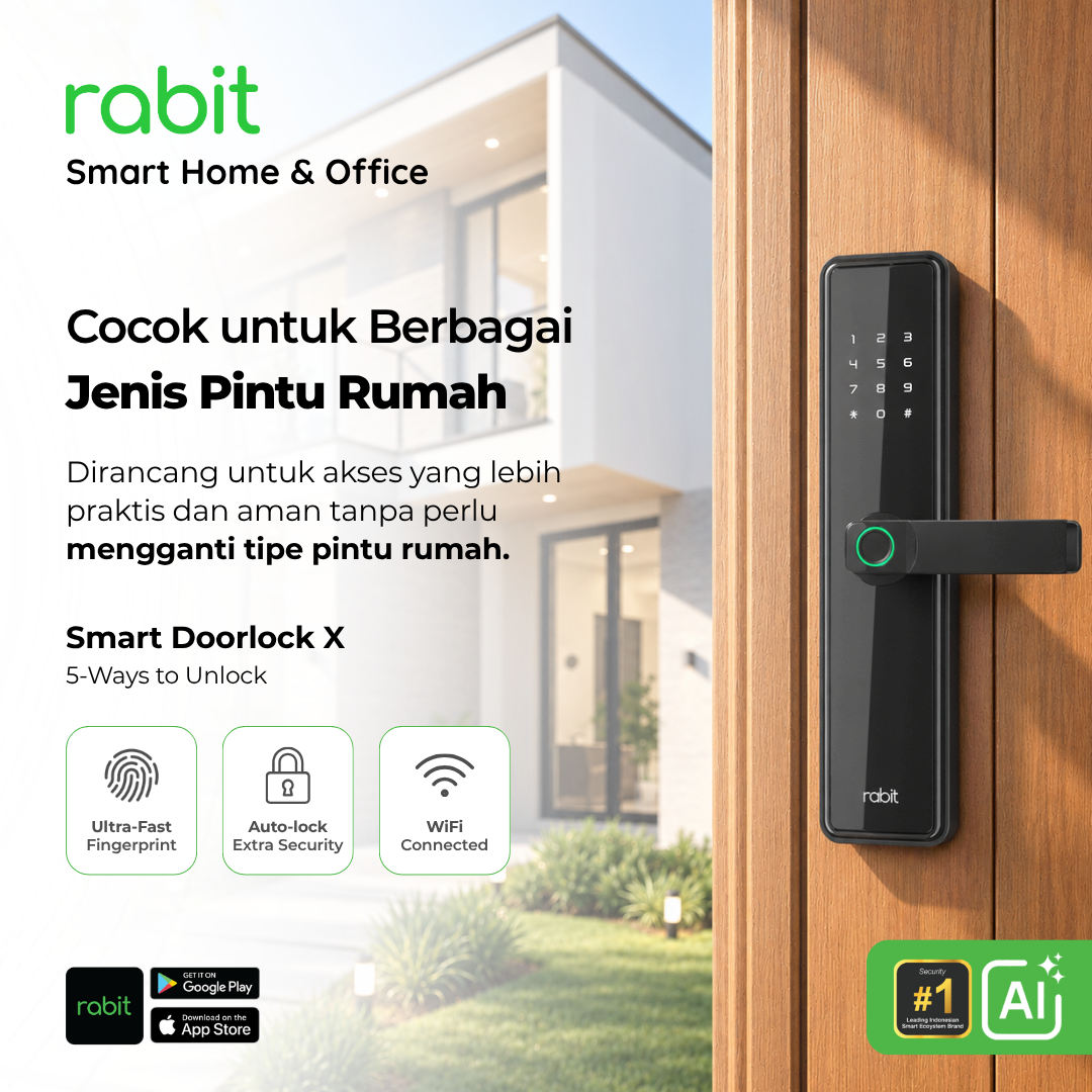 RABIT Smart Doorlock X Kunci Pintu Rumah Fingerprint Kode Pin Digital 3 Rabit Smart Doorlock X terpasang di pintu kayu rumah modern, menampilkan fitur 5-Ways to Unlock, Ultra-Fast Fingerprint, Auto-lock Extra Security, dan koneksi WiFi