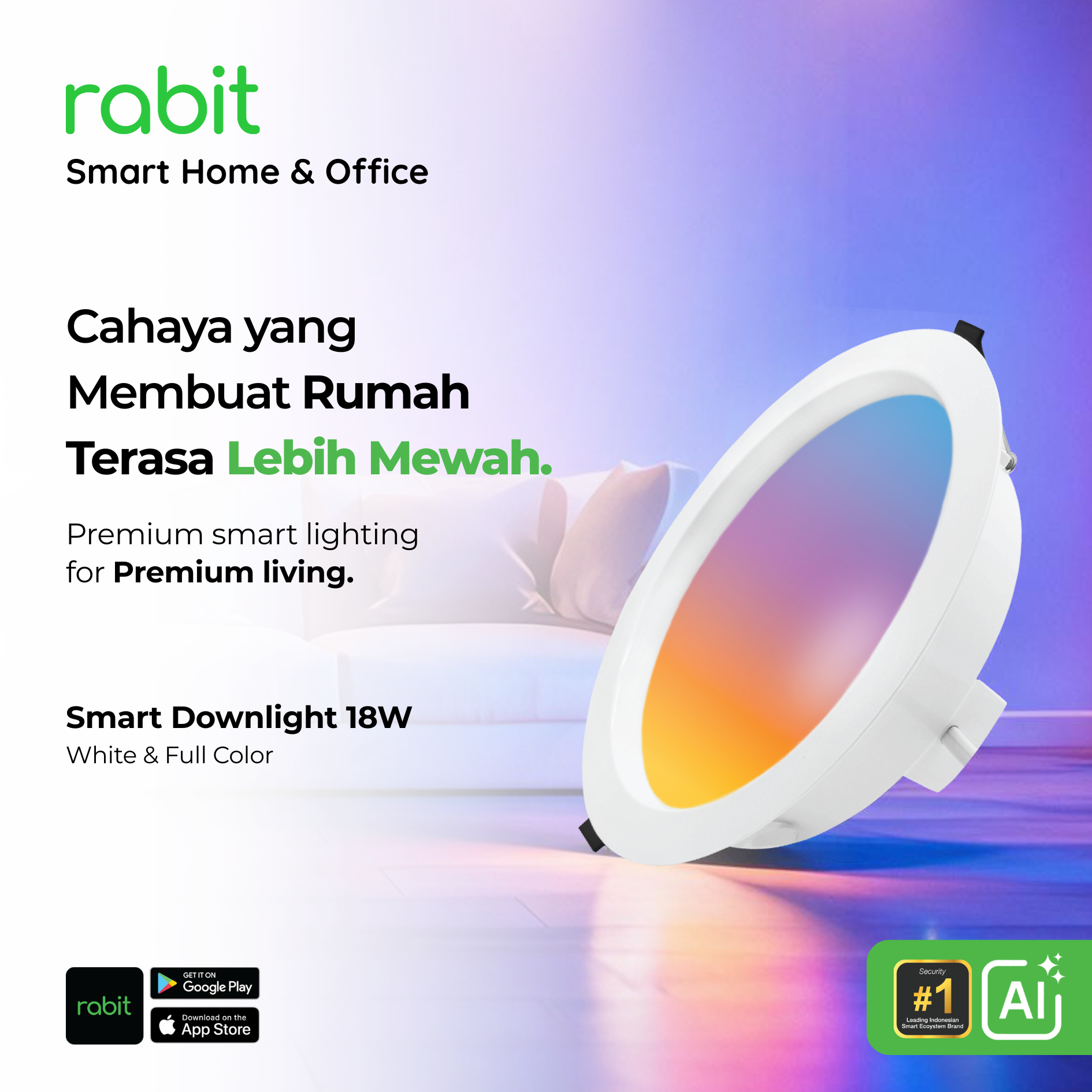 Smart Light Downlight Slim 18W Bluetooth 3 Lampu plafon LED pintar Rabit Smart Downlight 18W White & Full Color dengan fitur gradasi warna dan kontrol aplikasi untuk pencahayaan premium