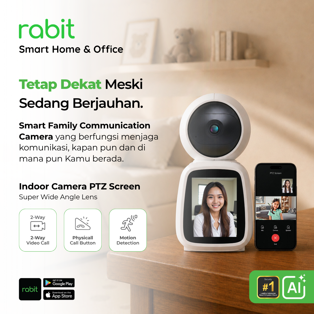 RABIT Smart IP Camera CCTV Indoor PTZ Screen FULL HD 2MP - 2 Way Video Call AI Auto Tracking 3 Kamera CCTV Rabit Indoor Camera PTZ Screen dengan layar video interaktif, fitur 2-Way Video Call, Physical Call Button, dan Motion Detection