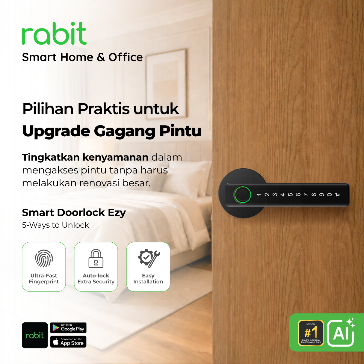 RABIT Smart Doorlock EZY Kunci Pintu Rumah Fingerprint Kode Pin Digital 2 Kunci pintu digital Rabit Smart Doorlock Ezy dengan fitur Ultra-Fast Fingerprint, auto-lock, dan kemudahan instalasi