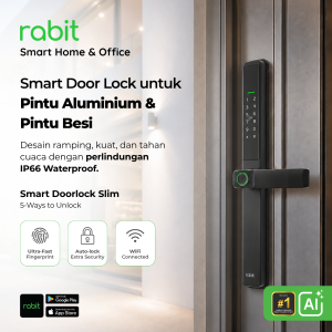 Kunci pintu pintar Rabit Smart Doorlock Slim untuk pintu aluminium dan besi dengan 5 metode akses, dengan fingerprint cepat, tahan cuaca IP66