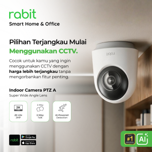Kamera CCTV pintar Rabit Indoor Camera PTZ A terpasang di plafon dengan fitur 2K Lite 3MP, 2-Way Talk, dan AI Detection