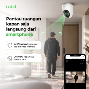 Kamera CCTV Rabit PTZ A memantau orang berjalan di dalam rumah dan tampilan pemantauan langsung dari aplikasi smartphone.