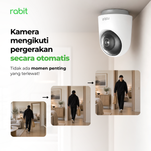 Kamera CCTV Rabit PTZ A terpasang di plafon dengan kemampuan mengikuti pergerakan objek secara otomatis (auto tracking).