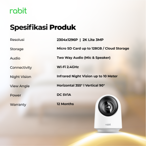 spesifikasi teknis Rabit Smart IP Indoor Cam PTZ A mencakup resolusi 2K Lite, slot Micro SD 128GB, WiFi 2.4GHz, dan garansi 12 bulan