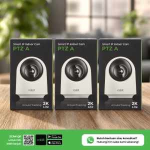 Tiga kemasan box produk Rabit Smart IP Indoor Cam PTZ A 2K Lite dengan fitur AI Auto Tracking.