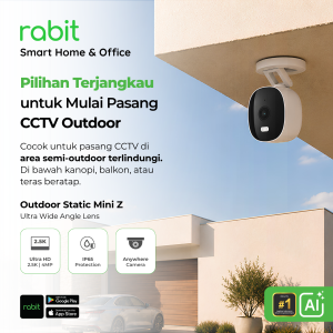 CCTV outdoor Rabit Static Mini Z tahan tampias hujan dan panas, IP65, ultra wide angle lens, terpasang di bawah kanopi