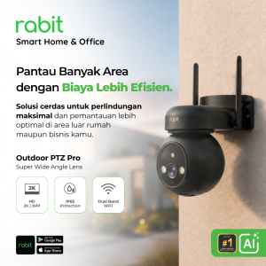 Kamera CCTV Rabit Outdoor PTZ Pro warna hitam resolusi 2K 3MP terpasang di dinding luar dengan Dual Band WiFi dan IP65