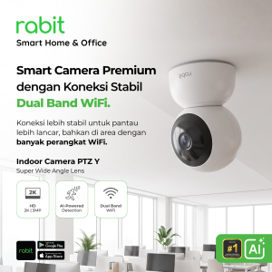 Kamera CCTV pintar Rabit Indoor Camera PTZ Y terpasang di plafon dengan koneksi Dual Band WiFi 2.4 GHz dan 5 GHz, resolusi 2K 3MP, dan AI-Powered Detection