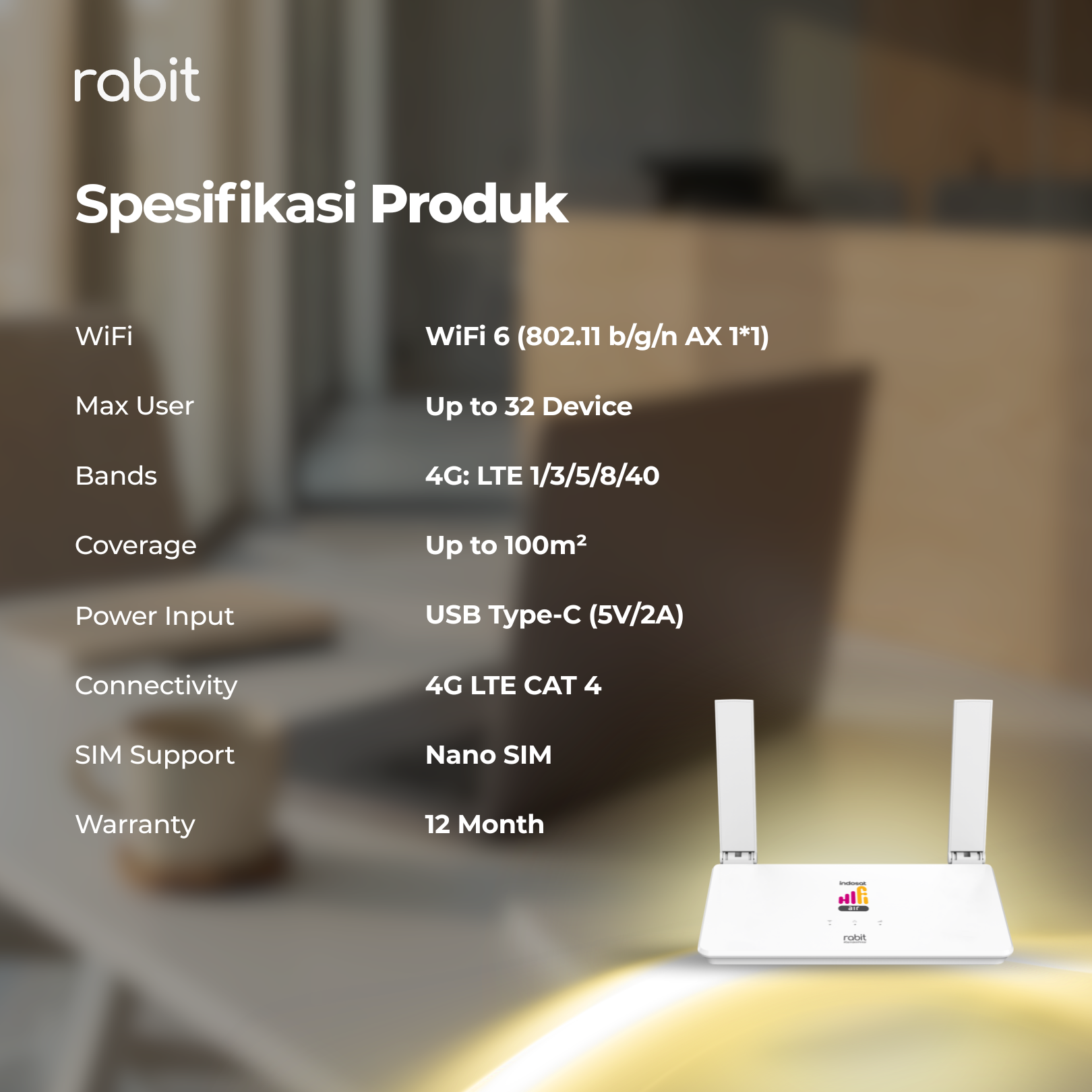 RABIT CPE XR Modem WiFi Router 4G LTE Indosat HiFi Air - WiFi 6 12 Spesifikasi produk Modem Rabit CPE-XR mencakup WiFi 6, 32 user, dan garansi 12 bulan.