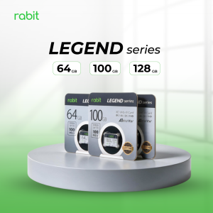 Kemasan tiga varian produk Rabit Micro SD Legend Series 64GB, 100GB, dan 128GB