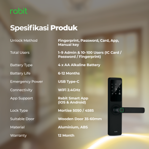 RABIT Smart Doorlock A Kunci Pintu Rumah Fingerprint Kode Pin Digital 24 spesifikasi teknis Rabit Smart Doorlock A mencakup metode unlock, kapasitas user, baterai AA, konektivitas WiFi, dan garansi 12 bulan