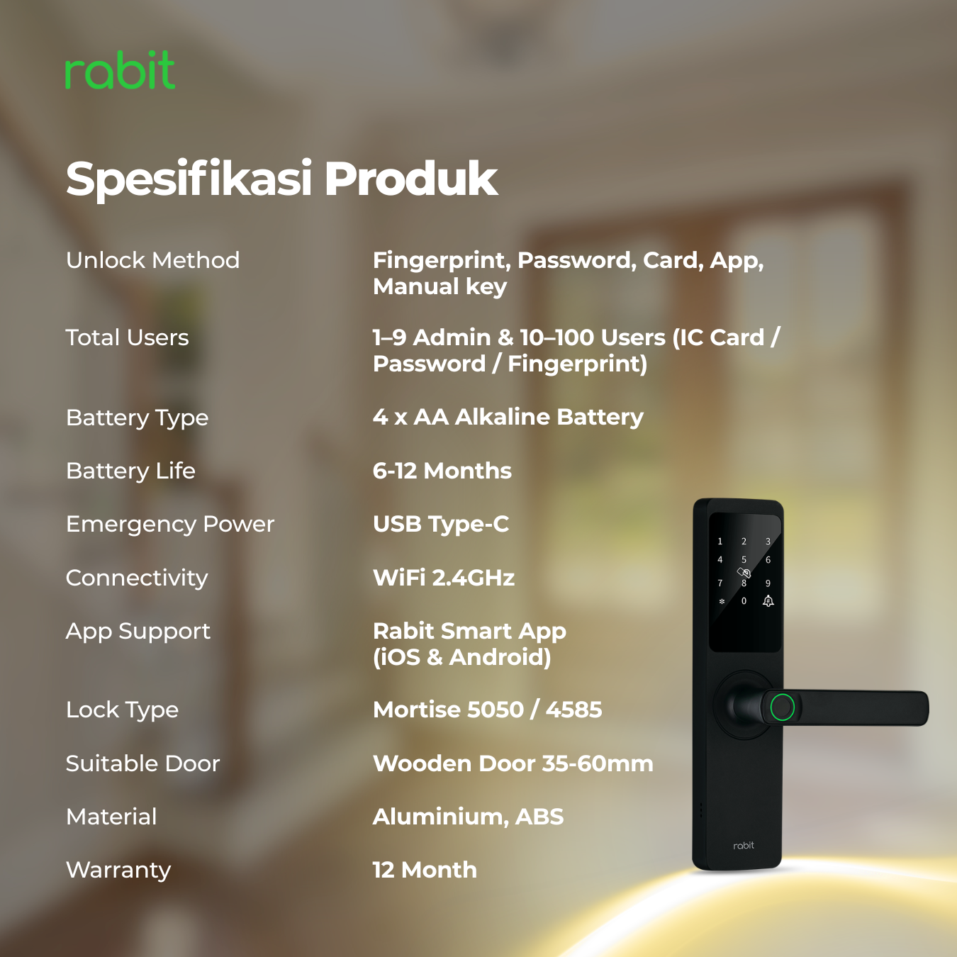 RABIT Smart Doorlock A Kunci Pintu Rumah Fingerprint Kode Pin Digital 12 spesifikasi teknis Rabit Smart Doorlock A mencakup metode unlock, kapasitas user, baterai AA, konektivitas WiFi, dan garansi 12 bulan