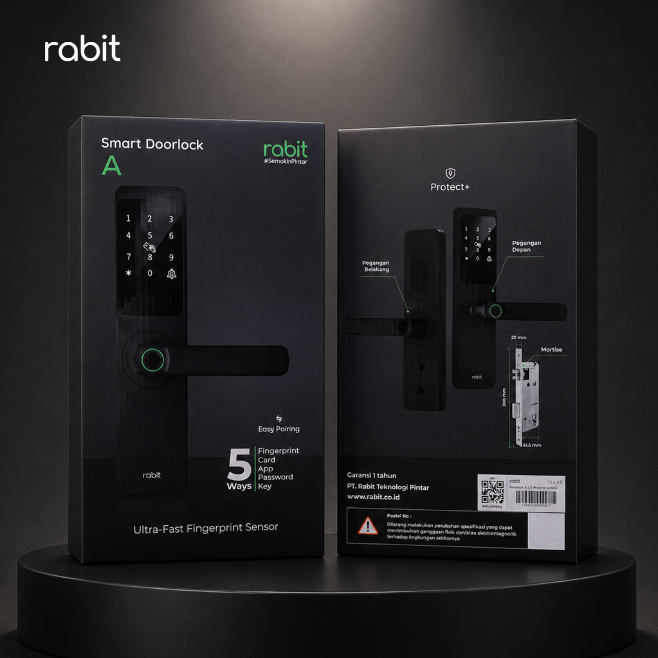 RABIT Smart Doorlock A Kunci Pintu Rumah Fingerprint Kode Pin Digital 13 Kemasan box depan dan belakang Rabit Smart Doorlock A