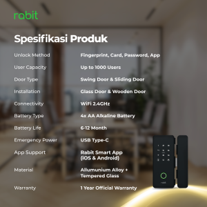 RABIT Smart Doorlock Glass Pintu Kaca Sliding Tanpa Handle Gagang 25 Spesifikasi produk Rabit Smart Door Lock Glass
