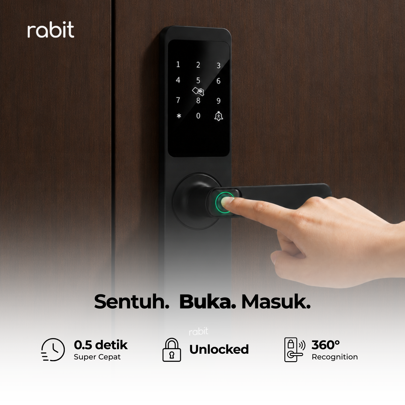 RABIT Smart Doorlock A Kunci Pintu Rumah Fingerprint Kode Pin Digital 5 membuka pintu menggunakan sensor sidik jari pada Rabit Smart Doorlock A dengan fitur respon cepat 0,5 detik dan 360 degree recognition