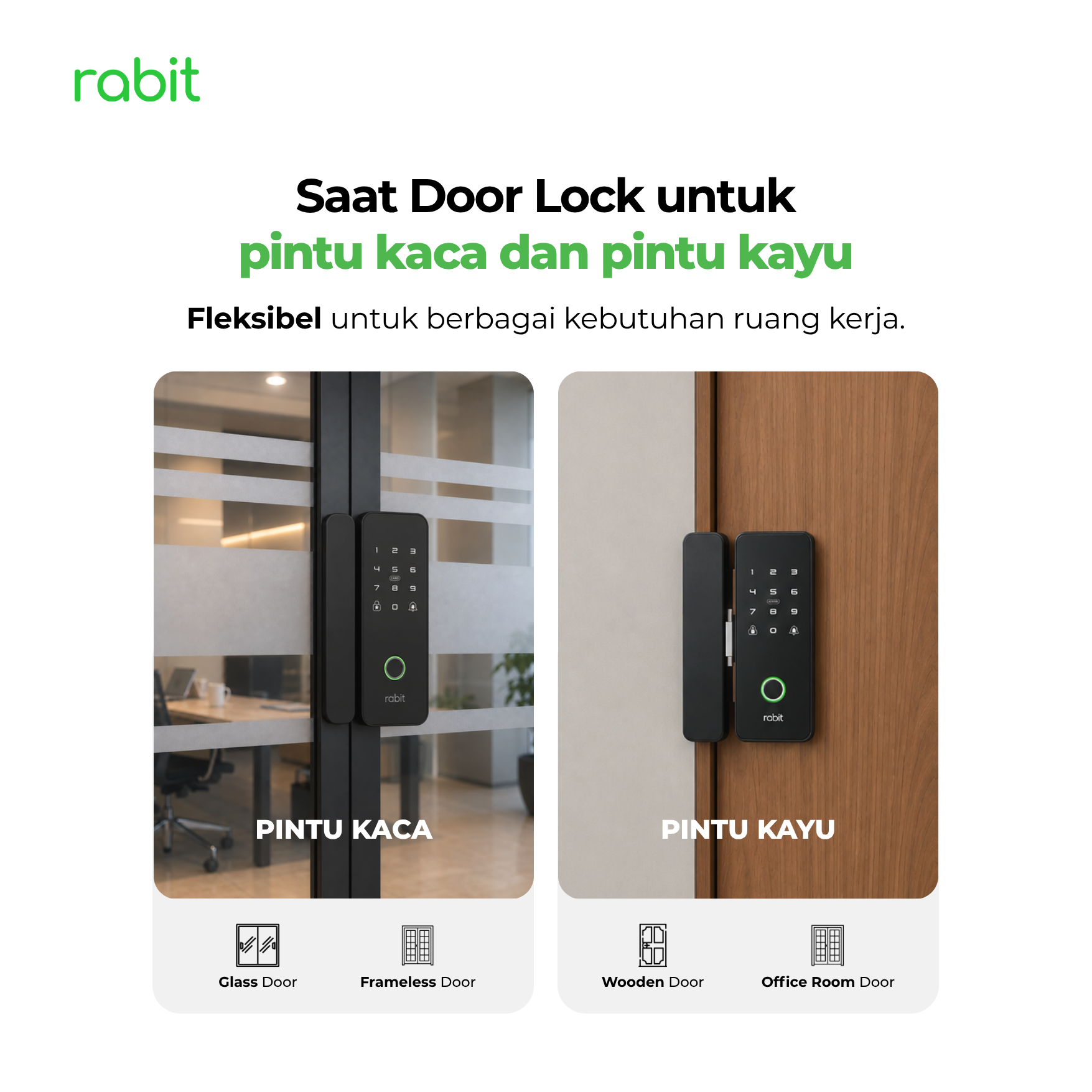 RABIT Smart Doorlock Glass Pintu Kaca Sliding Tanpa Handle Gagang 5 Contoh pemasangan Rabit Smart Door Lock pada pintu kaca tanpa bingkai (frameless glass door) dan pintu kayu kantor