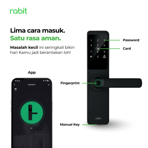 RABIT Smart Doorlock A Kunci Pintu Rumah Fingerprint Kode Pin Digital 18 lima cara membuka pintu pada Rabit Smart Doorlock A menggunakan password, kartu RFID, aplikasi smartphone, sensor fingerprint, dan kunci manual