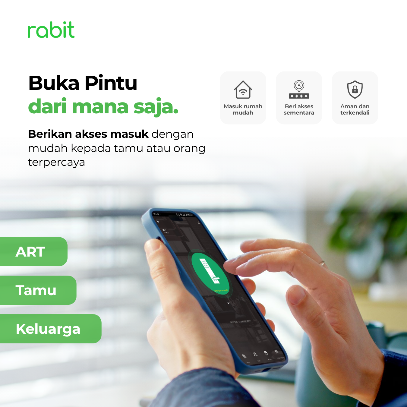 RABIT Smart Doorlock A Kunci Pintu Rumah Fingerprint Kode Pin Digital 7 Seseorang mengontrol dan membuka Doorlock A dari jarak jauh menggunakan aplikasi smartphone untuk ART, tamu, atau keluarga